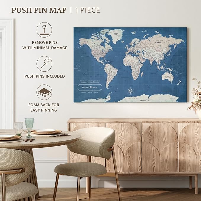 ElephantStock - World Adventures Push Pin Travel Map I Wall Art - Horizontal Canvas Wall Art - Living Room Wall Decor - Printmaking Map Canvas Art - Blue And Beige Decor - 48" x 32"
