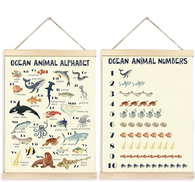 CGBHW Ocean Animal Alphabet Numbers Poster Hanger Frame Set of 2, Sea Marine Fish Species Construction Learning Posters Wall Art Hanging Decor for Toddler Boy Kids Room Playroom Nursery, 16x12 Inch
