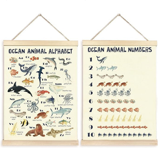 CGBHW Ocean Animal Alphabet Numbers Poster Hanger Frame Set of 2, Sea Marine Fish Species Construction Learning Posters Wall Art Hanging Decor for Toddler Boy Kids Room Playroom Nursery, 16x12 Inch