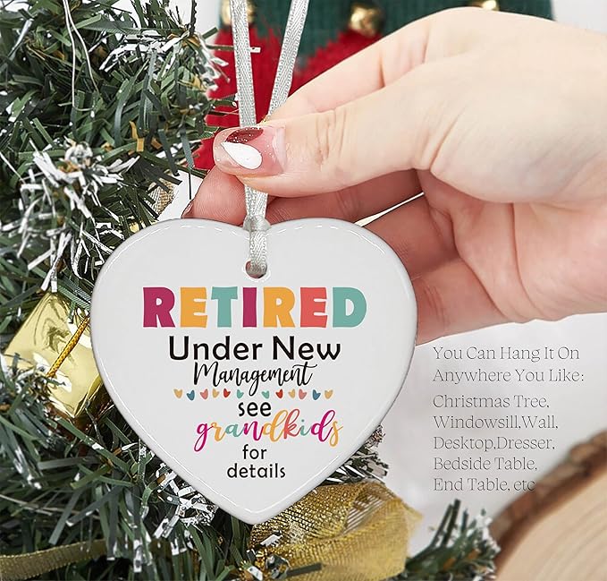 Funny Retirement Gift for Grandma Nana-Heart Shaped Christmas Ornament-Retired Under New Management-Grandmother Appreciation Present-Ceramic Keepsake with Gift Box
