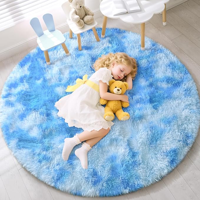 EVOIONOS Tie-Dyed Blue Round Rug Bedroom, 5x5 Ft Fluffy Soft Circle Area Rugs Living Room, Plush Shaggy Circular Carpet Indoor Floor Bedside Kids Nursery, Machine-Washable Home Decor Aesthetic