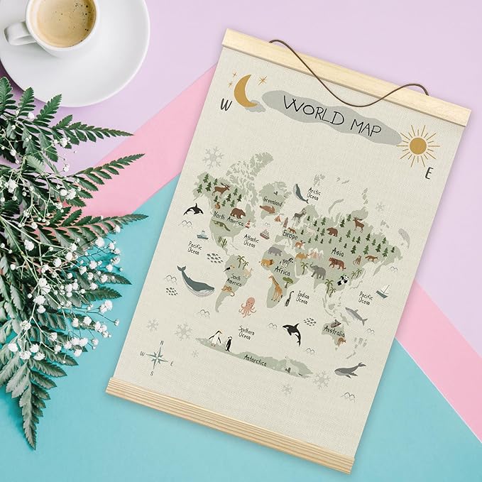 Tzhim Animal World Map Poster Hanger Frame, World Map for Kids, Educational Wall Hanging Decor for Nursey Playroom Classroom Home school Kids Room, Nature Wall Art Prints with Wood Frames, 12x16in