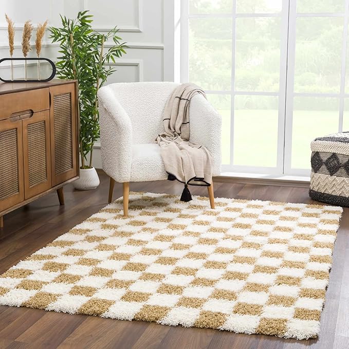 Hauteloom Atira Contemporary Checkered Fluffy Shag Area Rug - Modern Geometric Carpet Tiles for Living Room, Kids Room, Nursery - Plush Pile - Light Mustard,Cream - 4' x 6'