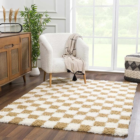 Hauteloom Atira Contemporary Checkered Fluffy Shag Area Rug - Modern Geometric Carpet Tiles for Living Room, Kids Room, Nursery - Plush Pile - Yellow, Cream, White - 5'3" x 7'3"