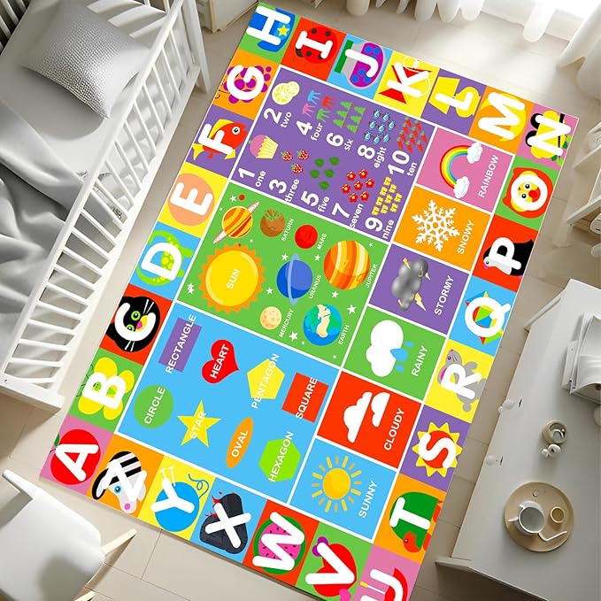 Alphabet Rug for Kids - Soft ABC Kids' Rug with Non-Slip Backing, Educational Playroom Carpet for Toddlers with Letters, Numbers & Shapes - 9'2" x 6'7" (Rectangular)