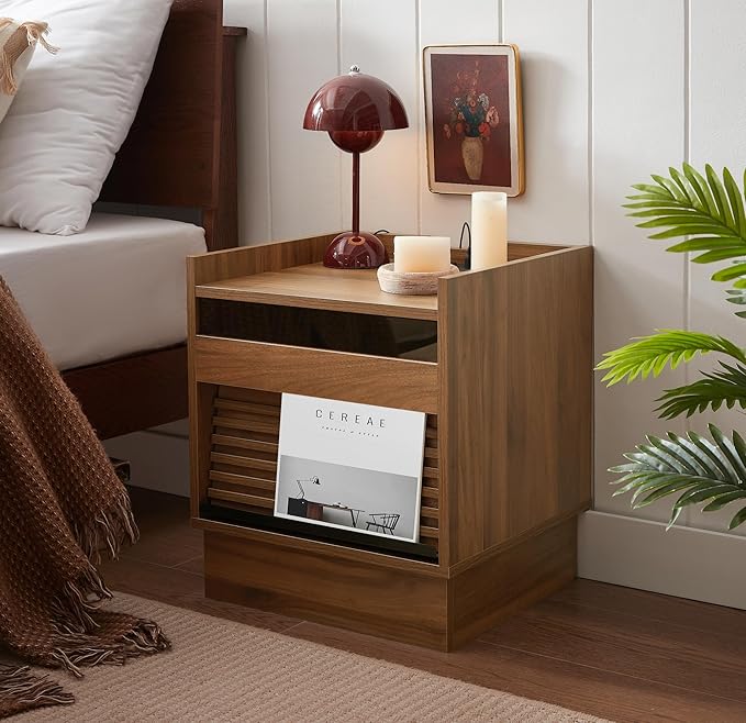 Mid Century Modern Nightstand with Charging Station and LED Lights, Bedside Table with 2 Drawers & Open Shelf, Smart End Table for Bedroom or Living Room (Brown+LED)