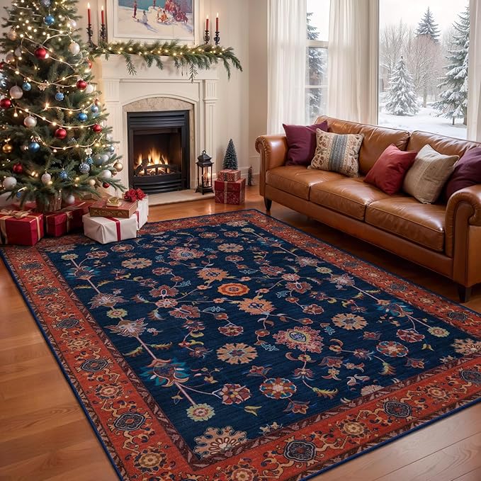 Tangsoo Floral Area Rug 3x5 Machine Washable Red Blue Rug Non-Slip Vintage Distressed Boho Print, Low Pile Carpet for Living Room, Bedroom, Dining Room, Pet & Child Friendly (Red Blue)