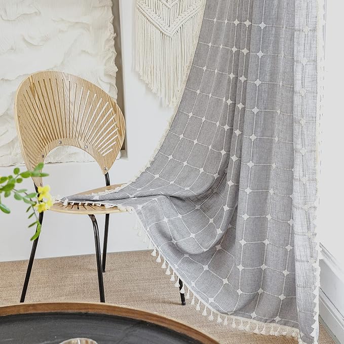 Deeprove Boho Curtains 84 Inches Long for Bedroom Kitchen, Cotton Linen Gray Plaids Embroidered Semi Blackout Bohemian Farmhouse Window Treatment Grids Drape Tassels, 1 Panel W52 x L84 Grey