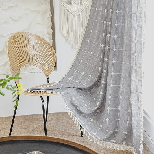 Deeprove Boho Curtains 84 Inches Long for Bedroom Kitchen, Cotton Linen Gray Plaids Embroidered Semi Blackout Bohemian Farmhouse Window Treatment Grids Drape Tassels, 1 Panel W52 x L84 Grey