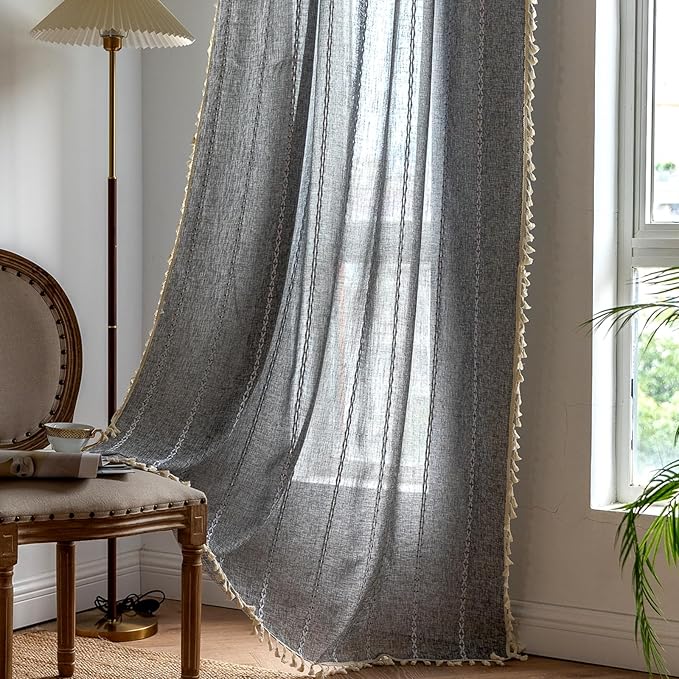 Deeprove Dark Coal Grey Boho Curtains 72 inches Length, Vintage Bohemian Embroidery Farmhouse Cotton Linen Fringe Window Treatments Nursery Bedroom Living Room Dinging Room Decor, W52 x L72, 1 Panel