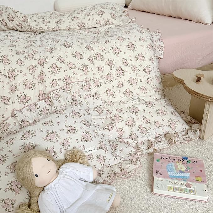 AOJIM Muslin Cotton Duvet Cover with Pink Floral Patterns, 1 Piece Super Soft Kids Adults Bedding Comforter Cover 2-Layer Gauze, Ruffled Edges Duvet Protector Twin Size 68X86'', No Quilt or Pillow
