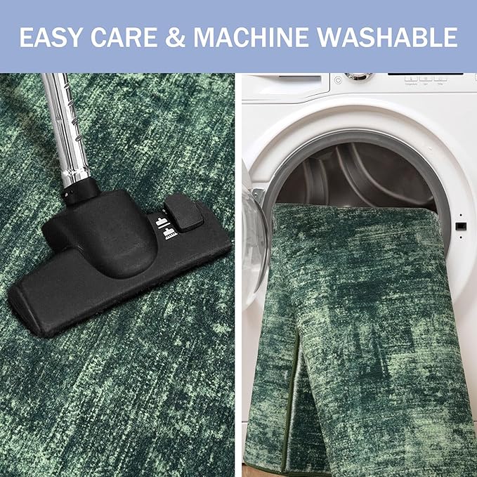 IOHOUZE Abstract Area Rugs 8x10 Ft Washable Large Rugs for Living Room, Non Slip Dining Room Rug, Printed Faux Wool Rugs for Bedroom, Floor Carpet for Office Nursery Playroom, Dark Green