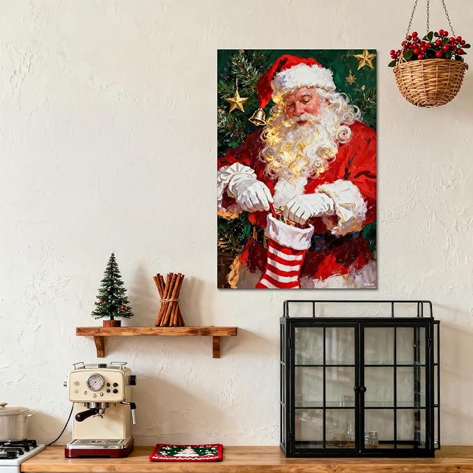 YONICA Christmas Canvas Wall Art Stocking Santa 12x18 Inch Oil Painting Filling Christmas Sock - Large Framed Gallery Wrapped Family Tradition