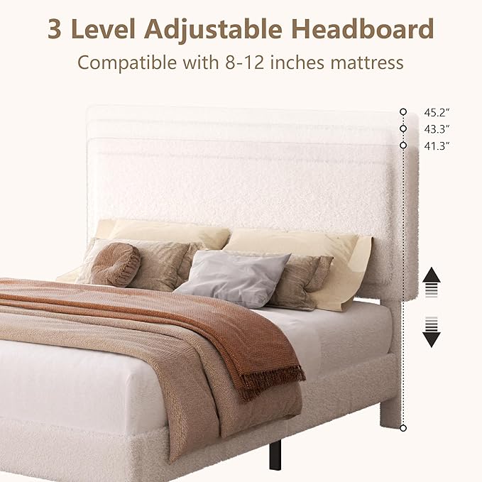 Queen Size Bed Frame, Upholstered Platform Bed Frame with Adjustable Headboard, Soft Boucle Fabric, Modern Style, No Box Spring Required, Easy Assembly, Off-White
