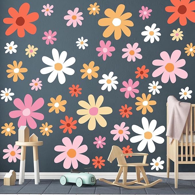 TaoBary 12 Sheets Daisy Wall Decal Flower Wall Sticker Cute Daisy Sticker Pink White Flower Decal Peel and Stick Floral Wallpaper for Nursery Bedroom Home Decor(Orange,Lovely Style)
