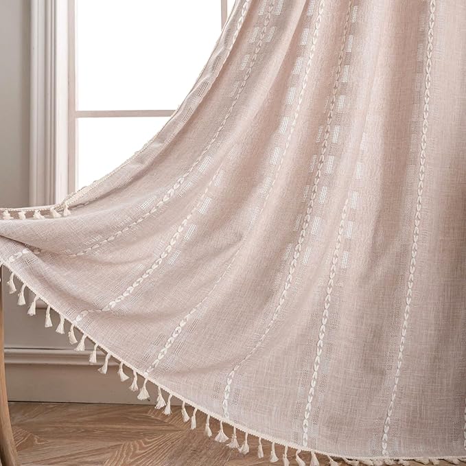 Deeprove Boho Curtain 72 inches Length for Living Room Bedroom, Light Brown Bohemian Coffee Linen Sheer 72 inches Long Tassel Stripe Embroidery Privacy Window Treatment W52 x L72, 1 Panel Natural