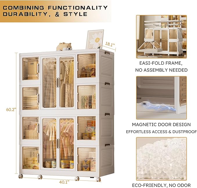 Large Portable Kids Wardrobe Closet Organizer with Magnetic Doors, Foldable Closet Organizers and Storage for Living Room, Bedroom, Dorm, Easy Assembly (8 Cubes & 2 Hanging Rods & 16 PCS Hangers)