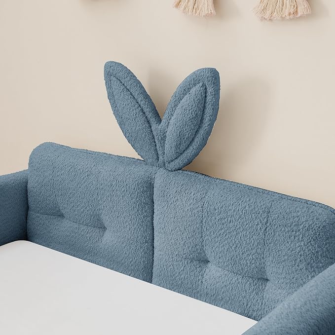 Twin Size Upholstered Platform Bed with Safety Guardrail and Cute Rabbit Ear Shaped Headboard, Boucle Fabric Montessori Kids Bed with Pocket and Sturdy Slats Support (Baby Blue-7.24)
