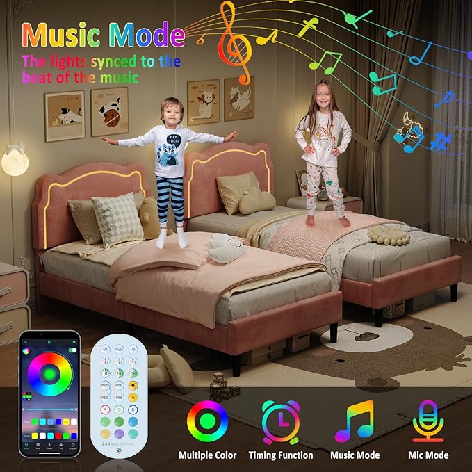 GarveeHome Twin Upholstered Smart LED Bed Frame with Headboard, Velvet Princess Platform Bed Frame for Kids, Wooden Slats Support, No Box Spring Needed (Pink, Twin)