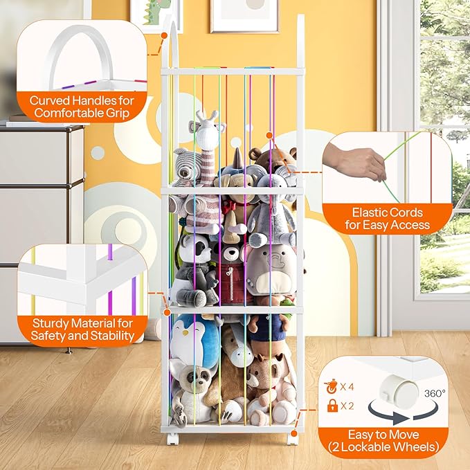 HOOBRO Stuffed Animal Storage & Organizer, Thicken PVC Stuffed Animal Holder with Wheels and Elastic Band, Zoo Plush Toy Storage Organizer for Nursery, Playroom, Living Room, White WT128CW01