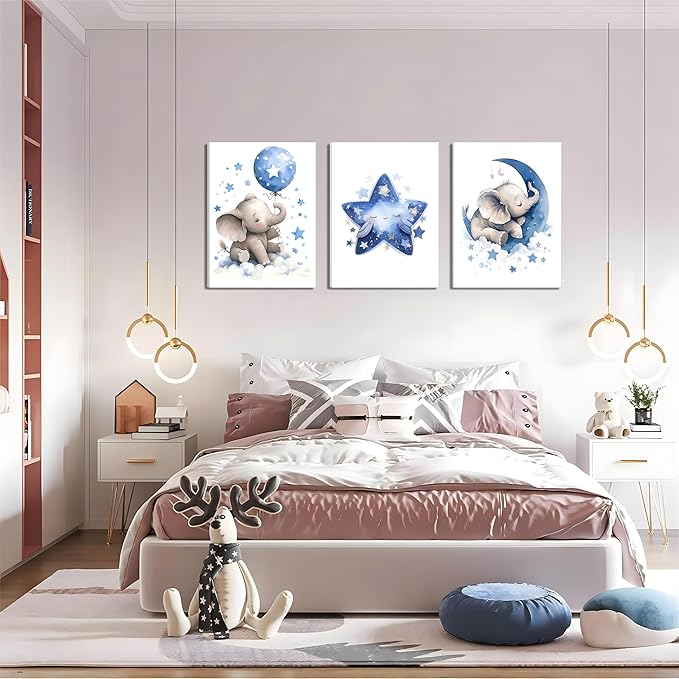 Baby Boy Nursery Canvas Wall Art Set of 3, Blue Elephant Moon and Stars Picture Wall Decor Painting, Cute Animal Baby Girl Nursery Posters Prints for Kids Room Bedroom 12x16 In Framed