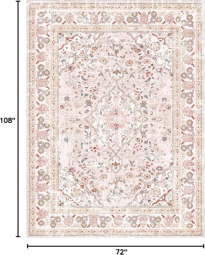 Vhong Pink Area Rugs Washable Boho Vintage Modern Neutral Large Carpet 6×9 High Traffic Rugs for Dinning Room Living Room Bedroom Girls' Room Nursery Room Non Slip