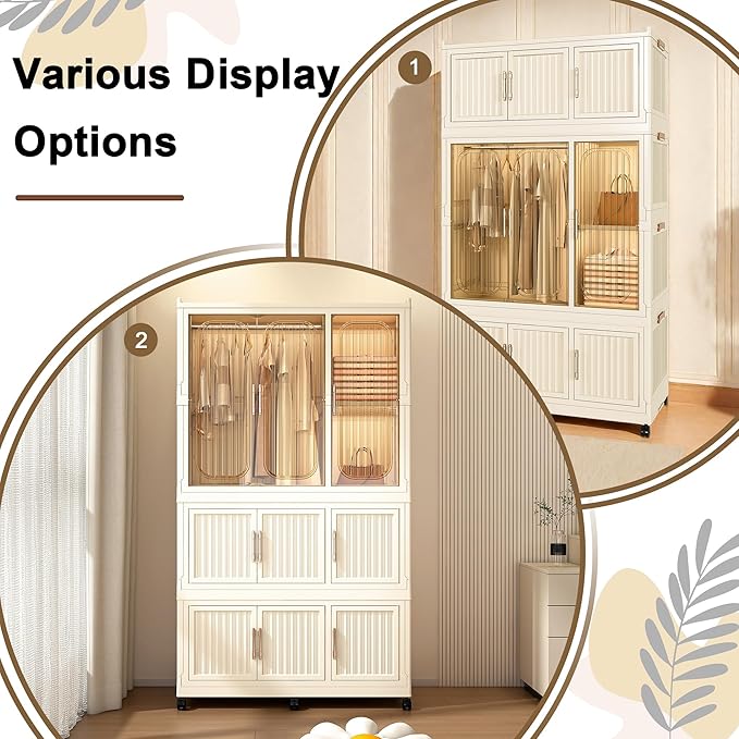 Kids Portable Wardrobe Closet Organizer with Magnetic Doors, 8 Cubes & 1 Hanging Rod, 6 PCS Hangers, Children's Plastic Wardrobe Closet for Bedroom Storage, Large Storage Cabinet