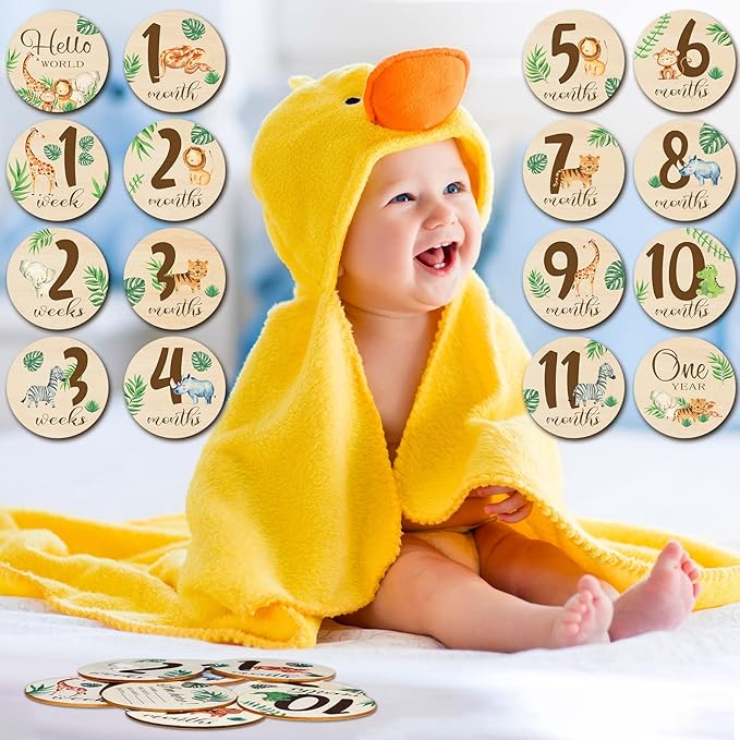 Tiamon 16 Pieces Wooden Baby Monthly Milestone Cards Monthly Milestone Marker Discs Double Sided Wooden Circles Months Signs for Baby Shower Newborn Photo Props (Jungle Animal)