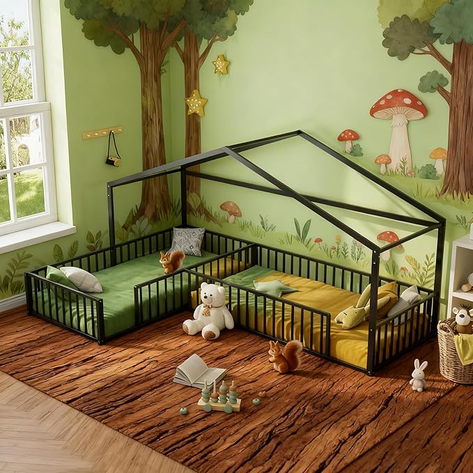 Double Twin Size L-Shaped Floor Bed,Metal Corner House Bed Frame with Fence,House-Style Floor Bed for 2 Kids,Without Slats,Black