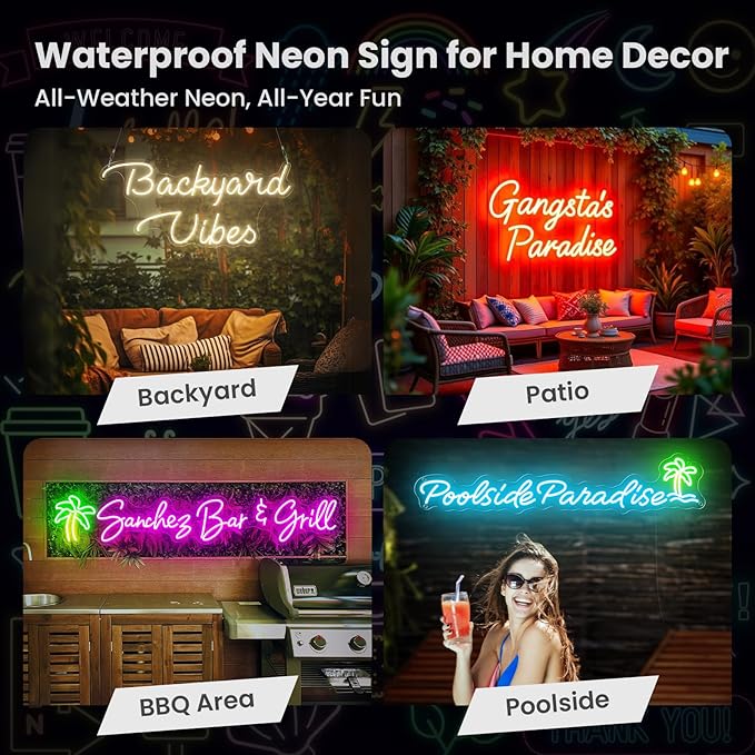 Custom Outdoor Neon Sign for Business, Large Personalized IP67 Waterproof LED Sign with Remote, Customizable Outdoor Light Up Signs Battery Operated for Backyard Patio Poolside Office Storefront Business Logo Salon Bar Party Wedding