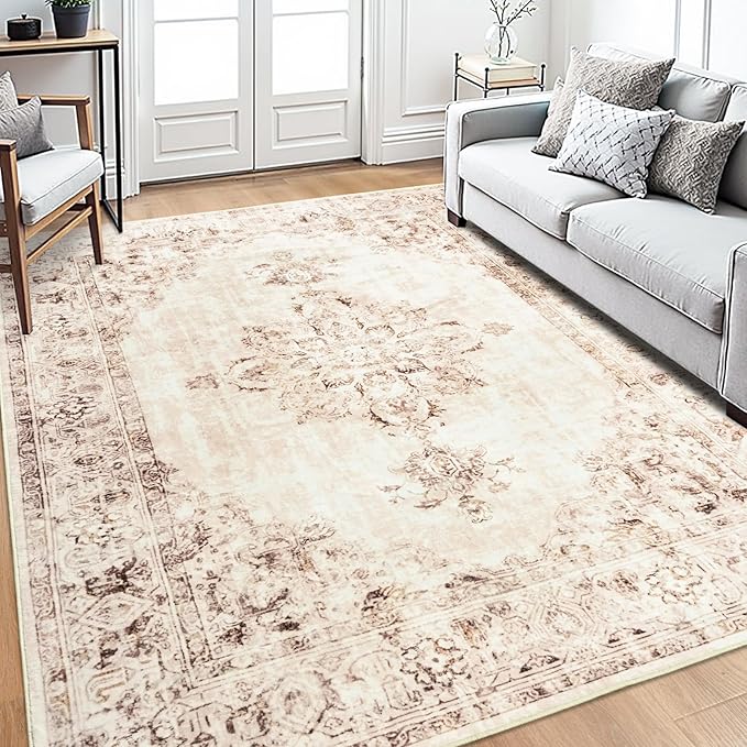 Area Rug 6x9, Washable Rug for Living Room, Large Area Rugs for Bedroom, Vintage Rug 6x9 for Dining Room, Non Slip Soft Low Pile Indoor Carpet for Kitchen, Nursery, Office, Farmhouse, Beige