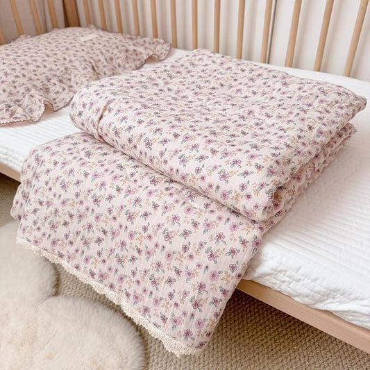 BuLuTu Purple Floral Print Toddler Blanket Quilted 100% Cotton Muslin Lightweight Kids Comforter Soft Bed Blankets for Girls Toddler Crib Quilt, All Seasons Blankets, 47x59 Inches