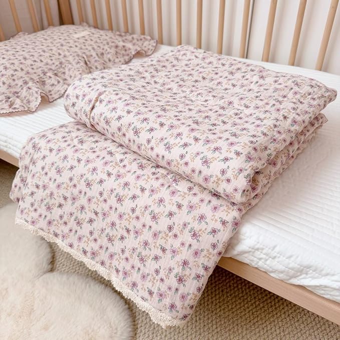BuLuTu 2 Layers Muslin Cotton Blanket Quilt for Twin Bed, Elegant Chic Purple Flower Pattern Girls Boys Blankets Soft Breathable Summer Comforter for Kids Children, 60x78 Inches