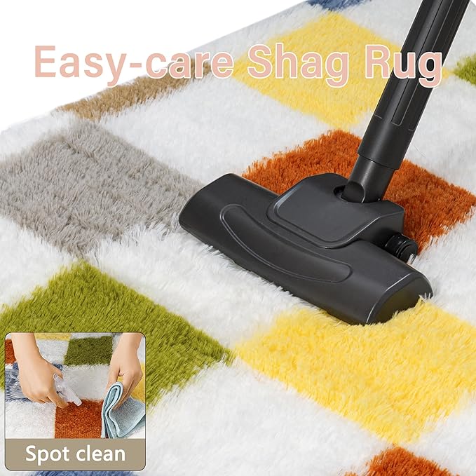 Checkered Rug 8x10 for Living Room, Colorful Modern Shag Rug Washable Non-Slip Large Area Rug Super Soft Indoor Fuzzy Carpet Fluffy Rugs for Bedroom Home Aesthetic Decor