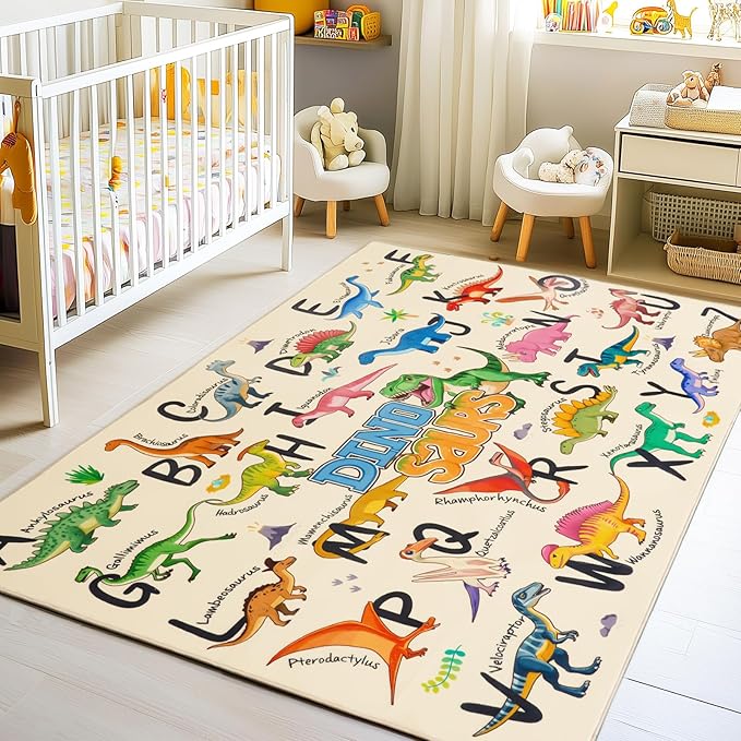 Kids Rugs for Playroom, 3x4 Feet Educational Rug for Learn The ABC Alphabet, Soft Machine Washable Non-Slip Cute Dinosaur Carpet for Classroom Toddler Nursery Kids Room Decor Mat, Beige