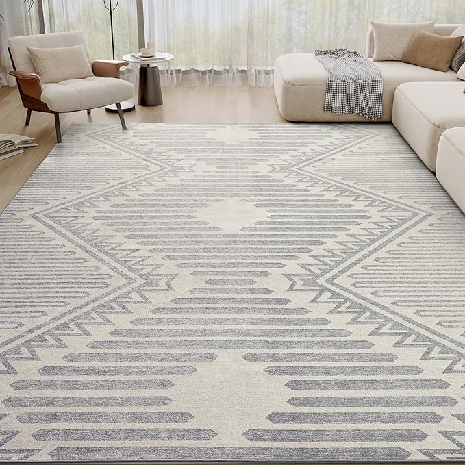 Silver Grey Boho 8x10 Area Rugs Textured Tufted Rugs for Living Room Bedroom Rug-Carpet Washable Neutral Modern Geometric Moroccan Aztec Rug