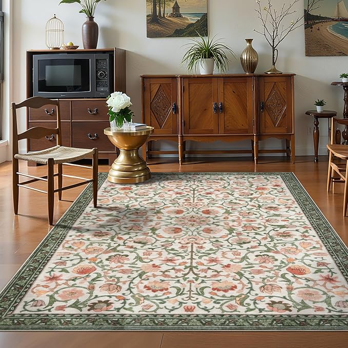 Anidaroel Washable Area Rugs 5x7, Floral Rug for Living Room Boho Area Rug, Non Slip Soft Large Bedroom Rug, Low Pile Stain Resistant Dining Room Rugs Indoor Floor Carpet for Dorm, Beige