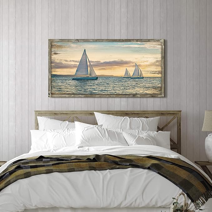 Seascape Framed Wooden Wall Art: 48"x24" Coastal Painting Art Sail Boats Artwork Decor Sunset Ocean Picture Prints for Living Room