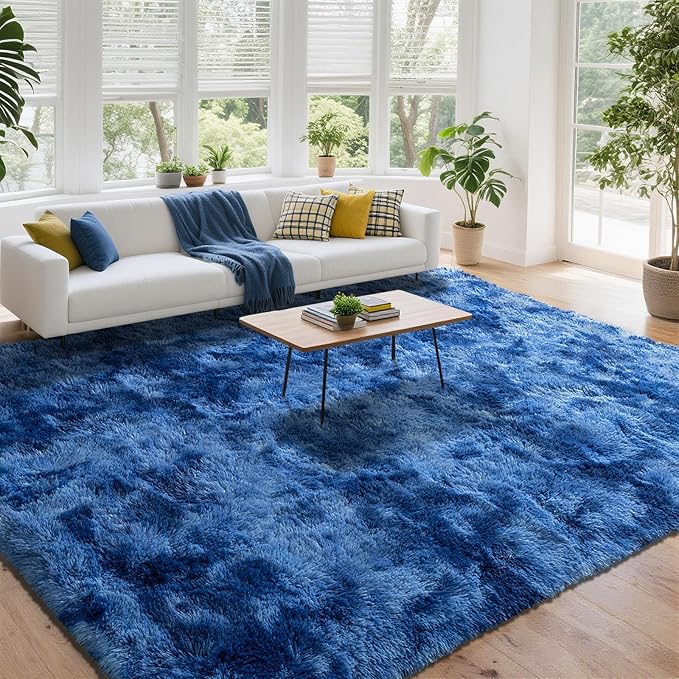 DweIke Fluffy Navy Blue Shag Rugs for Bedroom Living Room, 6x9 Large Soft Plush Tie-Dyed Dark Blue Girls Boys Kids Rug, Non-Slip and Machine Washable Carpet for Dorm Nursery Classroom Decor