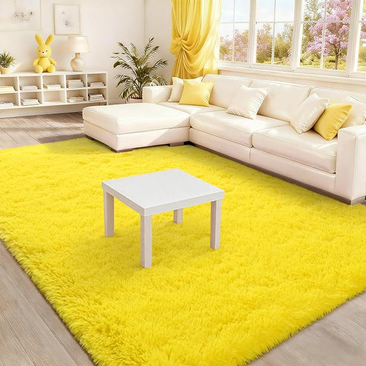 BENRON Fluffy Rugs for Living Room 5x8 Yellow, Washable Large Area Rugs for Bedroom Dining Table Office Kids Nursery Room, Washable Indoor Floor Carpets