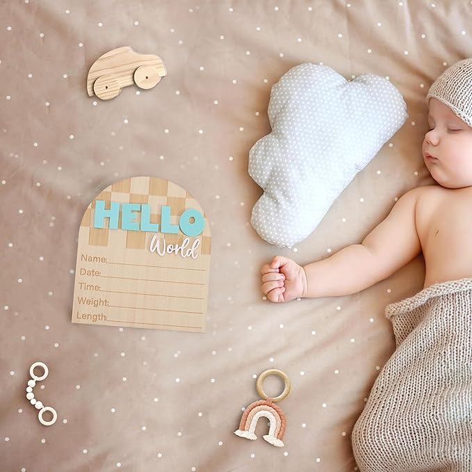 Racing Hello World Bulletin Board - Little Racer Birth Information Record,Fast Race Car Checkered Wooden Board, Newborn Milestone Announcement Sign,Hospital Nursery Racing Card Photo Props.