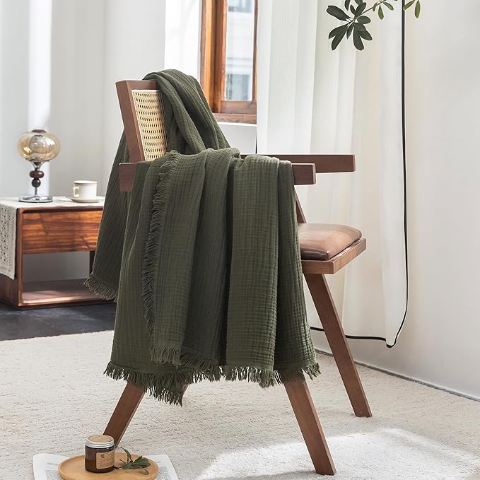 FOSSA Muslin Blanket with Fringe - 4-Layer 100% Cotton Gauze Super Soft & Breathable Throw -Lightweight Decorative Cooling Blanket for Bed, Sofa, Office (Olive Green, King (104" × 90"))
