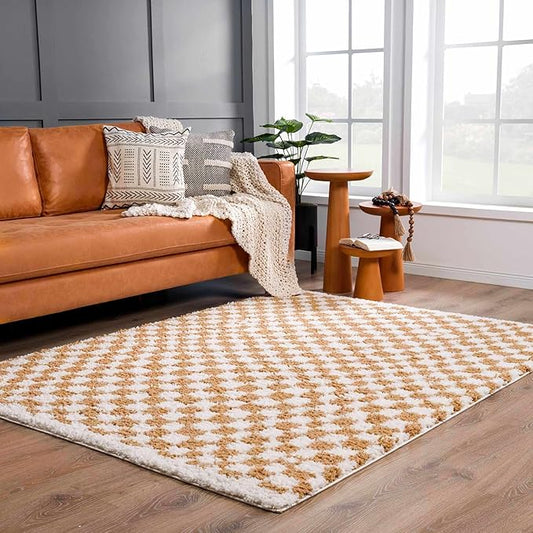 Hauteloom Kieu Contemporary Checkered Fluffy Shag Area Rug - Modern Geometric Soft Carpet Tiles for Living Room, Kids Room, Nursery - White, Yellow - 8'10" x 12'