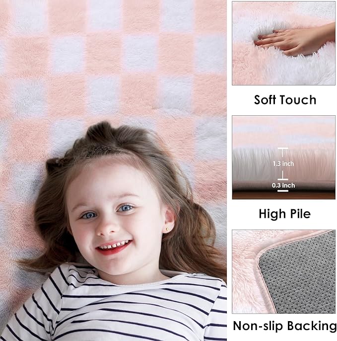 KICMOR Large 6x9 Rugs for Living Room, Soft Fluffy Light Pink and White Checkered Shag Area Rugs Big Fuzzy Shaggy Bedroom Carpet, Cute Plush Rug for Teen Toddler Kids Girls Room Nursery Home Decor