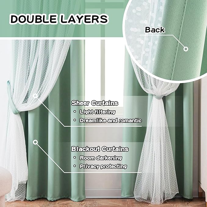 MYSKY HOME Curtains for Girls Bedroom & Nursery Kids Green Cute Curtains 63 inch Long Double Layer with Polka Dots Sheer, Grommet Tops, 52" Wide Each Panel, 2 Panels