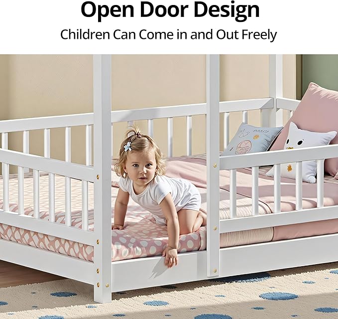 LLS Twin Montessori Floor Bed, Wooden Floor Bed Frame with Slats and Fence, House Bed for Boys Girls Bedroom, White