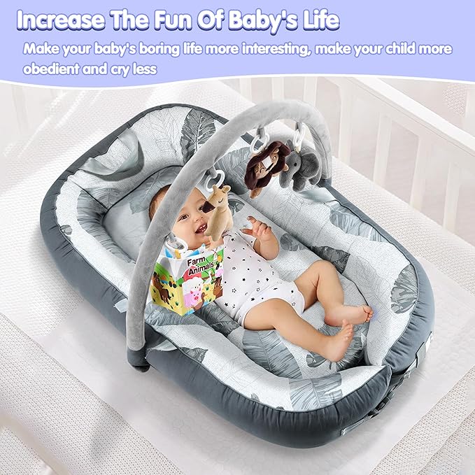 Portable Baby Lounger with 4 Toys,Infant Lounger with Fitness Rack, Breathable & Soft Cotton Newborn Lounger Machine-Washable