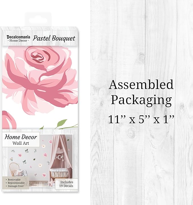Decalcomania Flower Wall Decals - Set of 19 Pink White Rose Floral Bouquet Wall Stickers for Nursery Bedroom Living Room Decor Removable Peel and Stick Indoor Wall Decor
