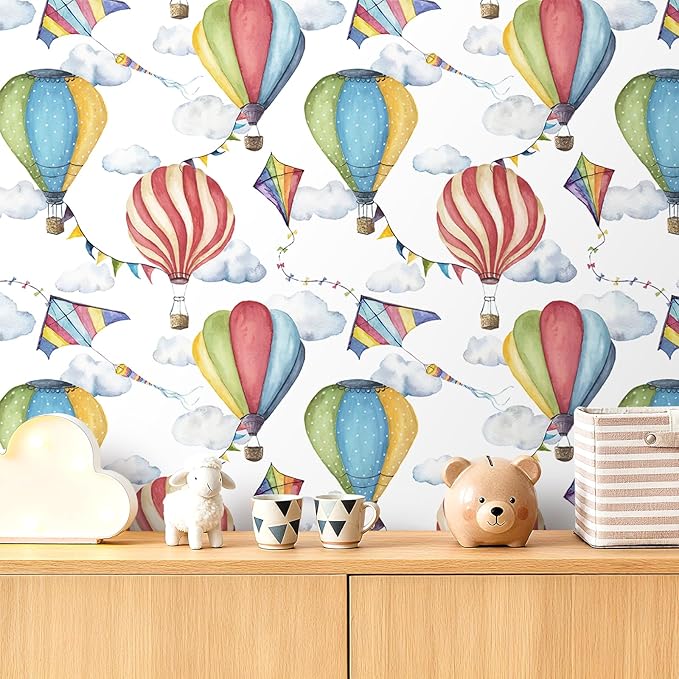 LACHEERY Cartoon Balloons Could Wallpaper for Kids Room Nursery Peel and Stick Wallpaper Kids 17.5"x275" White Sky Clouds Wall Paper Self Adhesive Removable Contact Paper for Walls Cabinets Bedroom