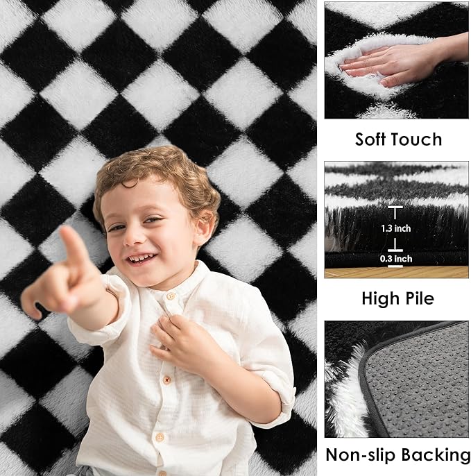 KICMOR Area Rugs for Bedroom Living Room, Black and White 4x6 Fluffy Soft Checkered Bedside Rug Fuzzy Shag Shaggy Carpet, Indoor Plush Rugs for Kids Boys Girls Teen Dorm Nursery Home Decor Aesthetic